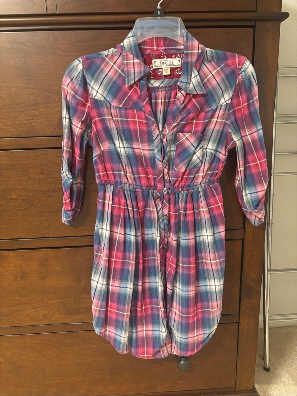 Decree Pink Blue Plaid Button-Down Shirt Dress